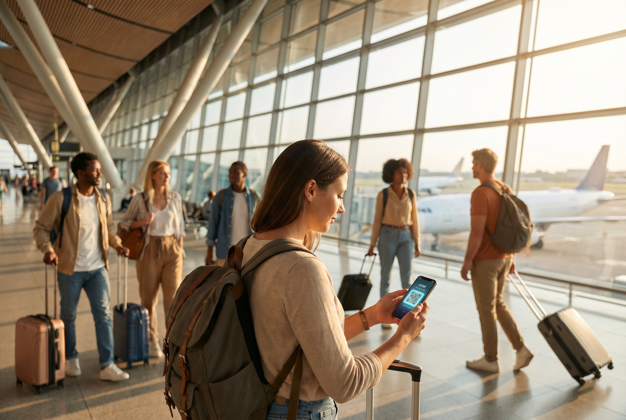 Traveler at airport with phone